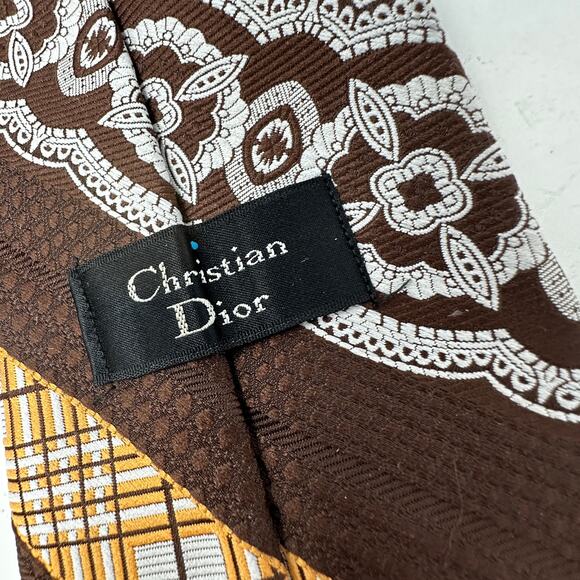 Vintage Christian Dior Necktie Mens One Size Brown Orange Cream Stripe Print - Picture 4 of 6